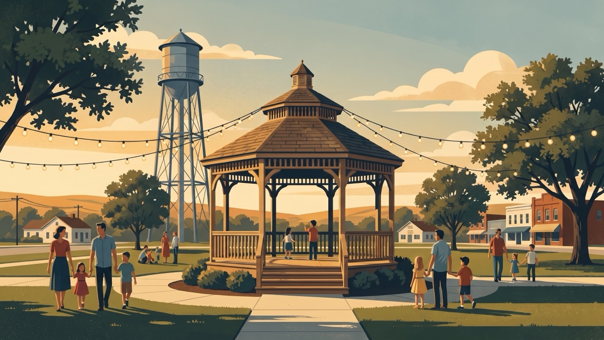 Minimalist illustration of a town square gazebo with string lights, families, and a water tower.