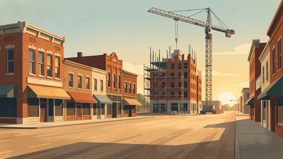 Minimalist illustration of small-town main street storefronts with a building under construction.