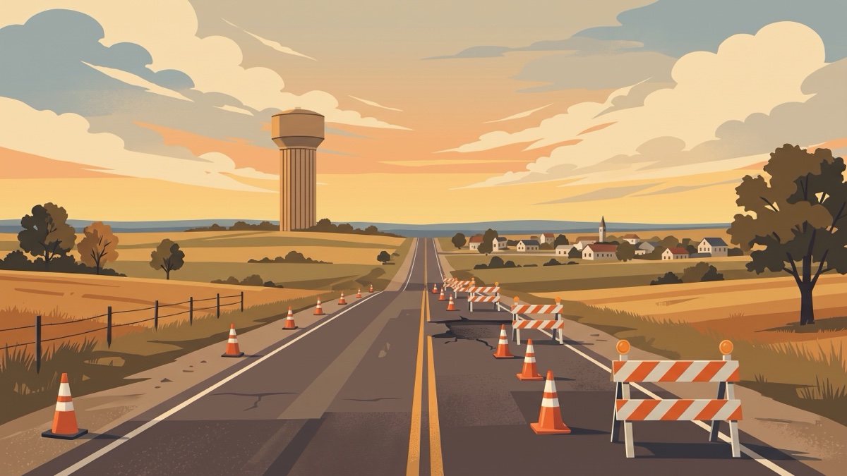 Minimalist illustration of a two-lane Texas road with construction cones and a water tower.