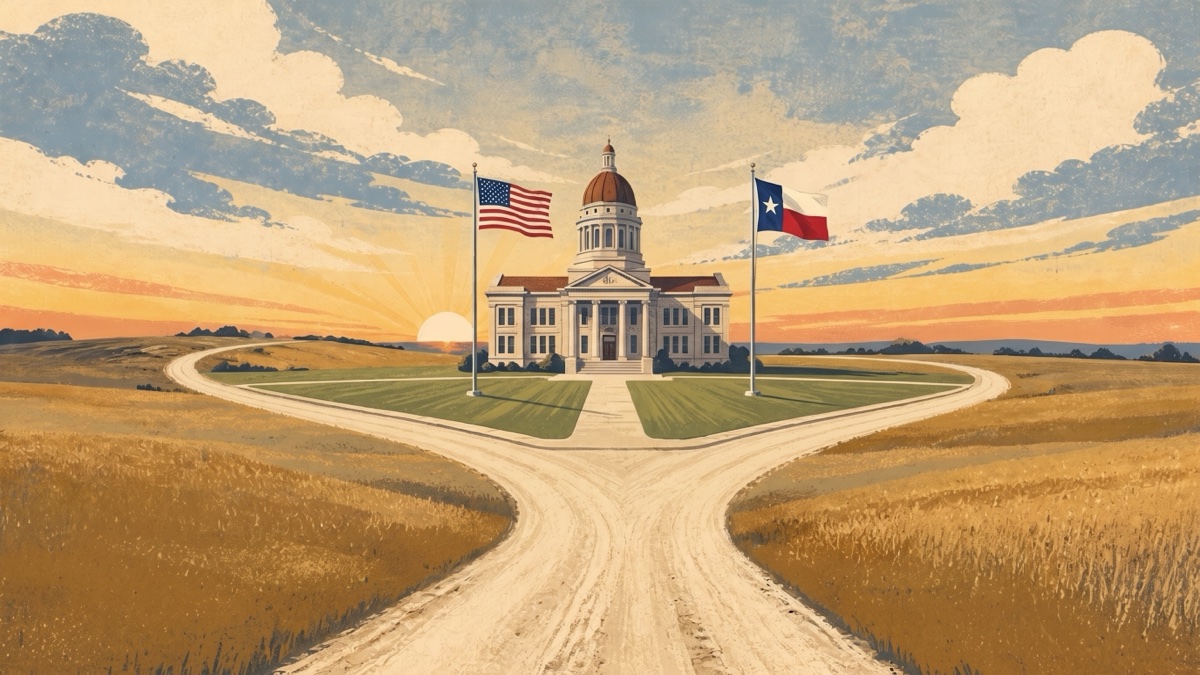 Minimalist illustration of a small-town Texas courthouse with American and Texas flags.