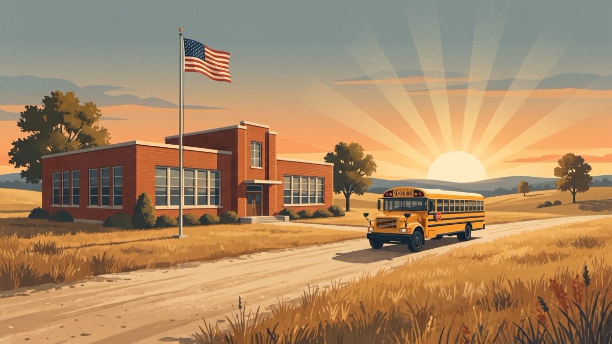 Minimalist illustration of a brick schoolhouse with a flagpole and a school bus at sunrise.