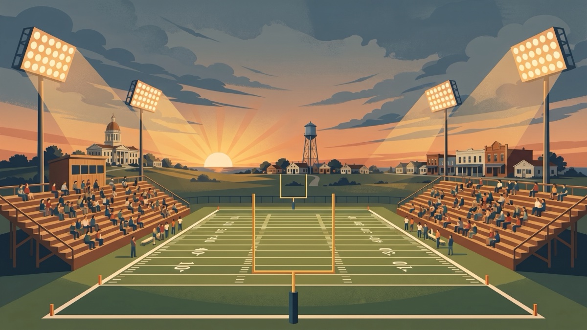 Minimalist illustration of a high school football stadium under Friday night lights.