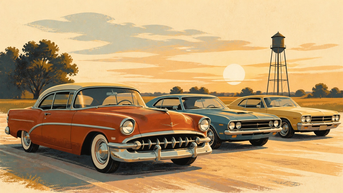 Minimalist illustration of three classic cars gathered near a small-town water tower at sunset.
