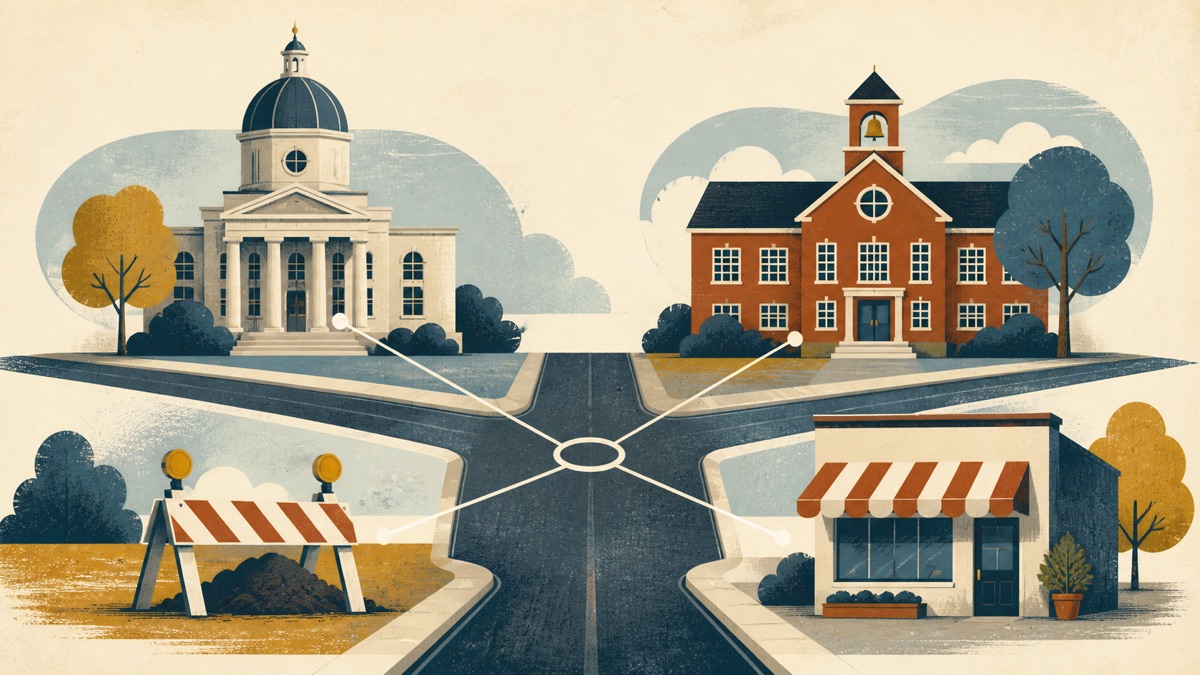 Minimalist illustration connecting a courthouse, school, roadwork and neighborhood storefront around a crossroads.