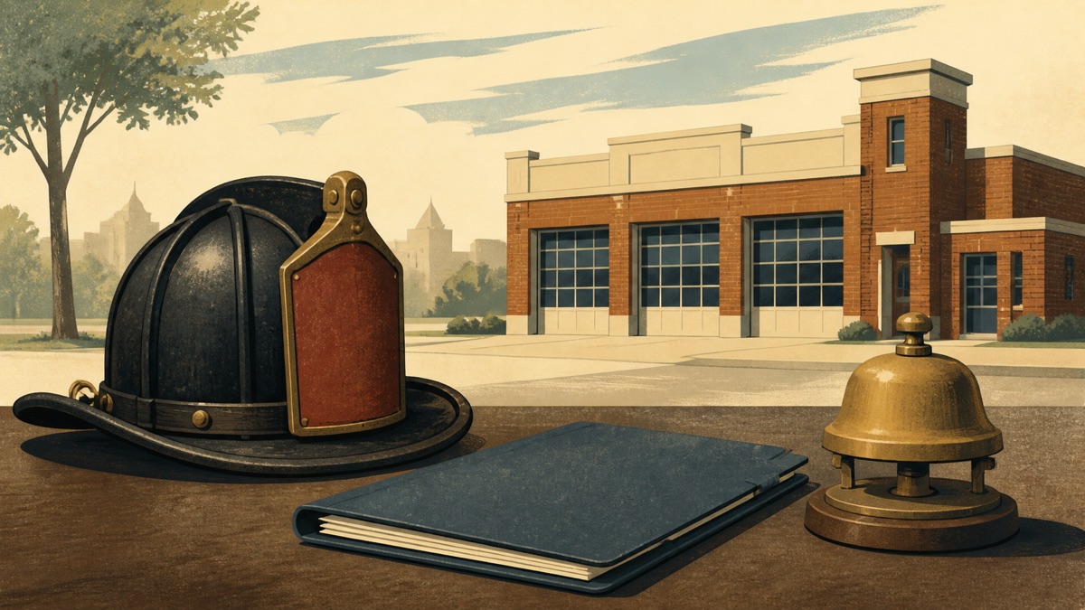 Minimalist illustration of a vintage fire helmet, civic agenda folder and station bell outside a fire station.