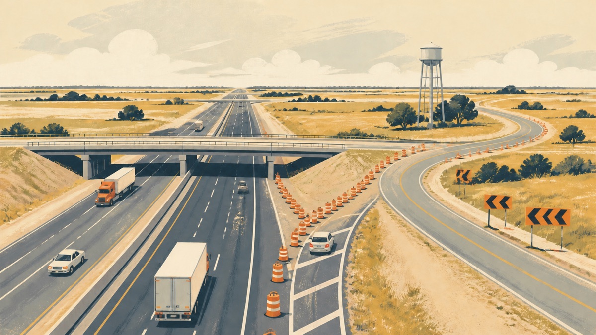 Minimalist illustration of highway traffic shifting around construction barrels toward a detour near an overpass.