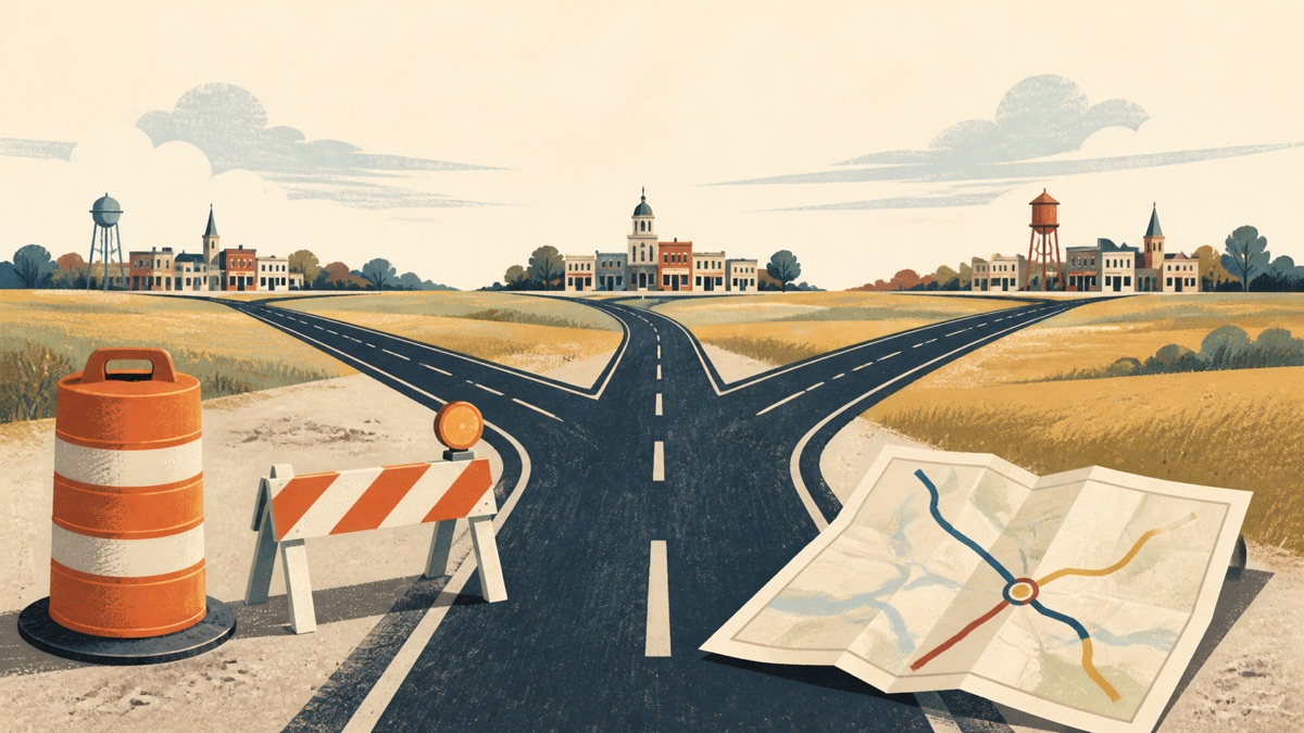 Minimalist illustration of a roadway branching toward three towns beside a map and construction barriers.