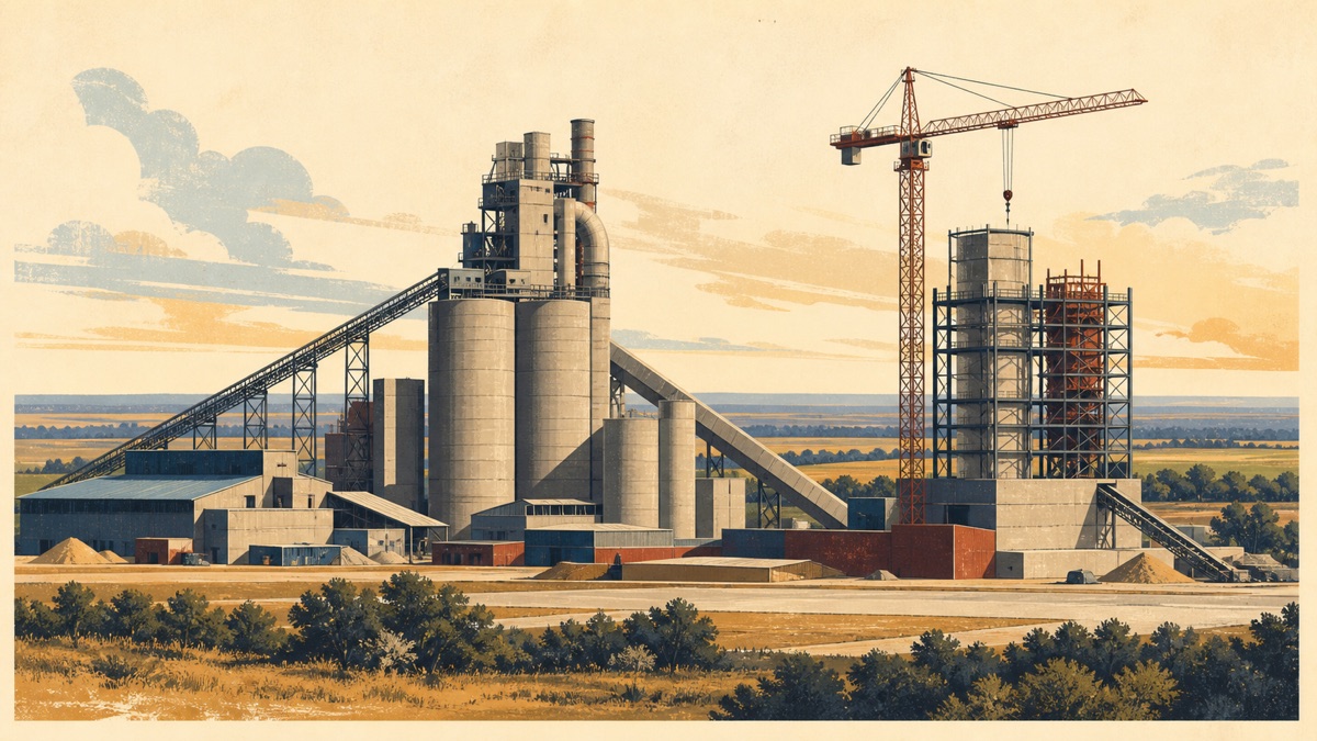 Minimalist illustration of a cement plant with silos, conveyors and a crane constructing an expansion.