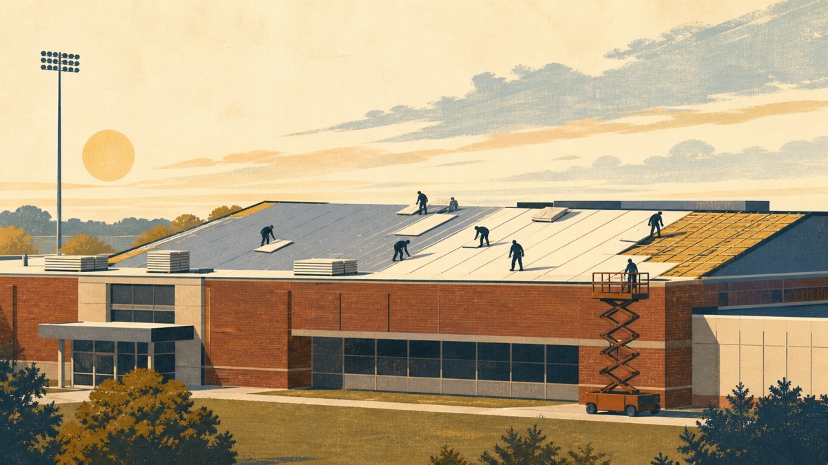 Minimalist illustration of roof panels being installed on a high school building.