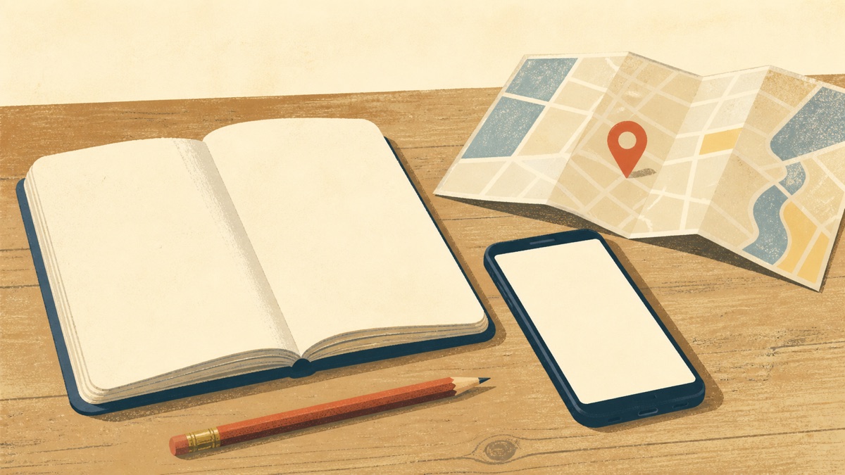 Minimalist illustration of a blank notebook, smartphone, pencil and folded local map on a table.