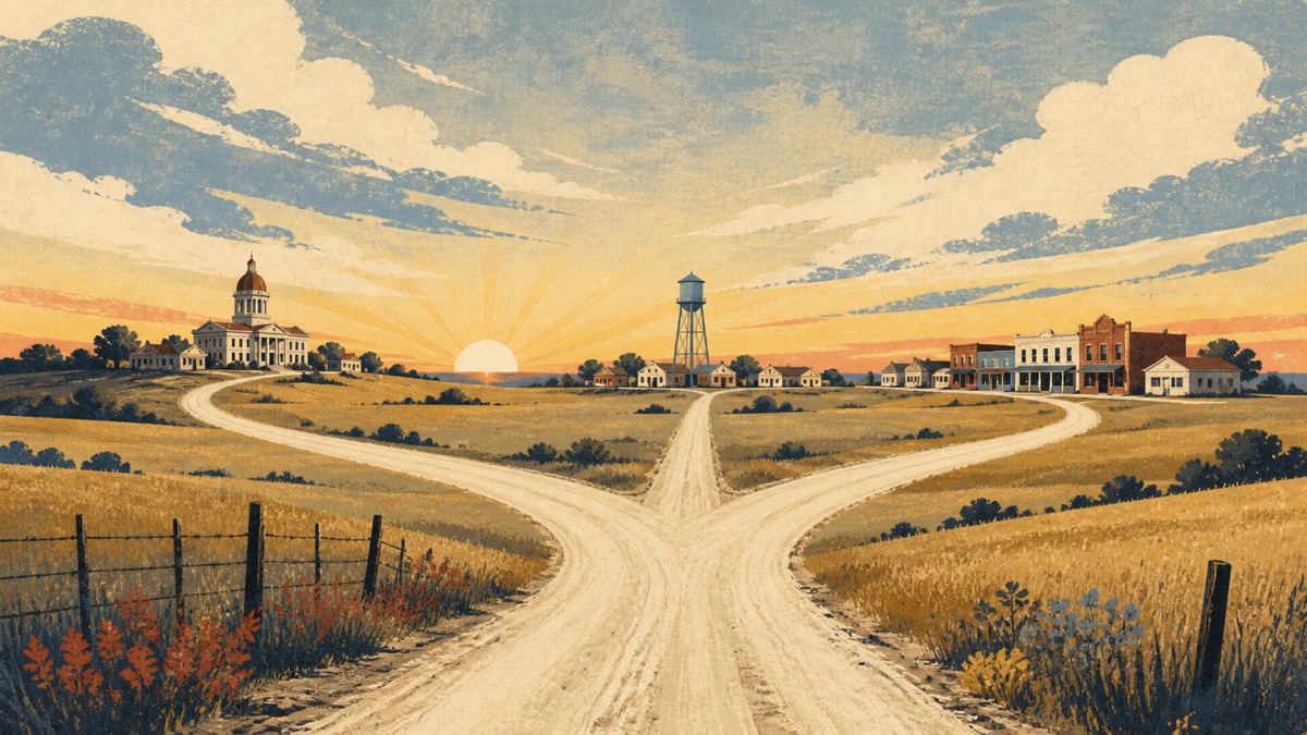 Minimalist illustration of a three-way country crossroads leading toward three North Texas communities.