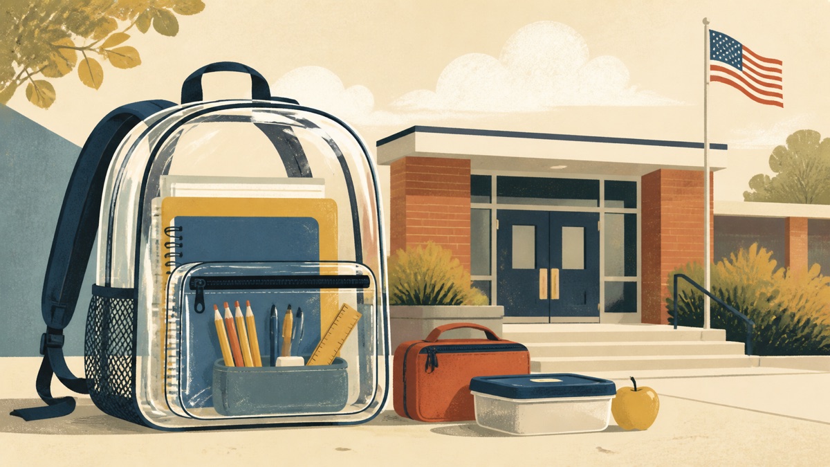 Minimalist illustration of a clear backpack filled with school supplies outside a school entrance.